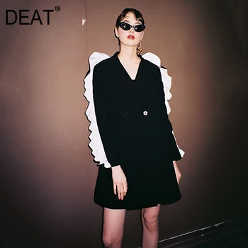 

DEAT 2020 Spring New Fashion Black Solid Button Pockets Ruffles Long Sleeve Casual Turn-down Collar Women Coats RA150