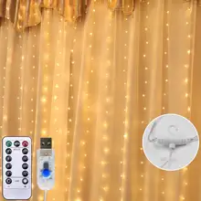

300LED String Light Fairy Garland Curtain Lamp USB Remote Control Copper Wire Light Room Holiday Wedding Wall Decor With Hook