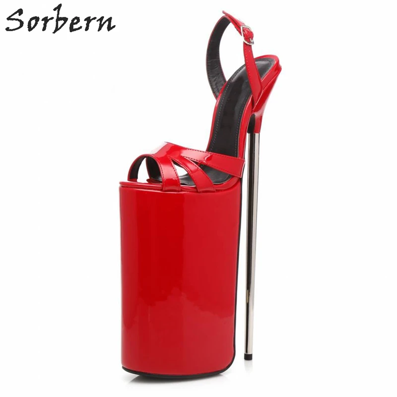 Red Patent Sorbern босоножки на очень высоком каблуке 30 см с металлическим украшением; женские босоножки с ремешком на пятке; пикантная обувь; сезон лето - Цвет: Red Patent