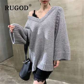 

RUGOD New Korean Style Simplee Bat Sleeve Plus Size Knitted Pullover V-neck Solid Color Sweater Winter Tops For Women