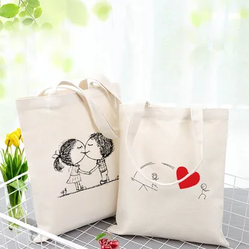 

Couple Series Illustration Casual Canvas Bag Custom Print Logo Handbag Eco Tote Bag Reusable Recycle Shopping Bag