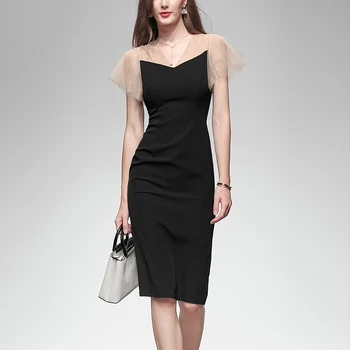 

Seifrmann Summer Women Fashion Runway Midi Dress Sexy V-Neck Ruffles Black Printed Ladies Party Slim Fit Pencil Dresses vestidos