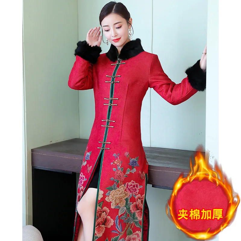 

Xi qing nian-Women's Winter Cheongsam 2018 New Style Long Sleeve Suede Fur Collar Mid-length Wedding Formal Dress Mx8911