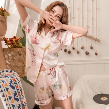 

Sleepwear spring and summer short-sleeved bathrobe ladies lapel cardigan home service suit printing casual pyjamas women pajamas