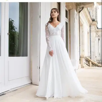 

Long Sleeve Wedding Dress V-Neck A-Line Simple Floor Length Lace Appliques robe de mariage Chiffon Beach Bridal Gowns Elegant