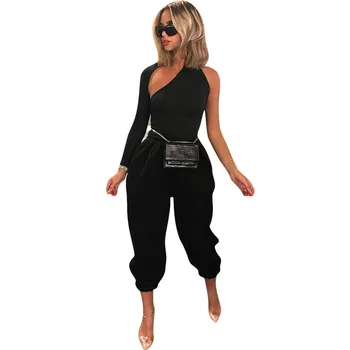 

Black Streetwear Two Piece Set Women Halter One Shoulder Long Sleeve Cut Out Top and Cargo Pants Suit Sporty Active Wear Outftis