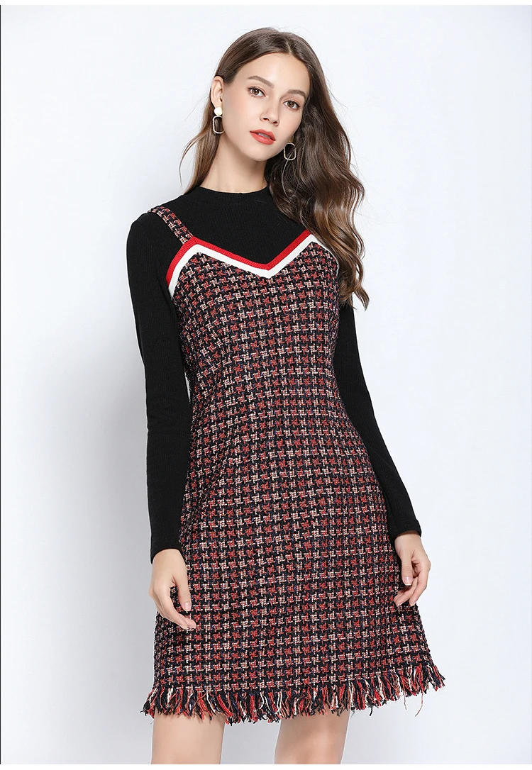 Осеннее клетчатое лоскутное платье для женщин, плюс размер, 5xl, повседневное красное с круглым вырезом, с длинным рукавом, весеннее офисное вечернее платье, vestidos Robe Sukienki