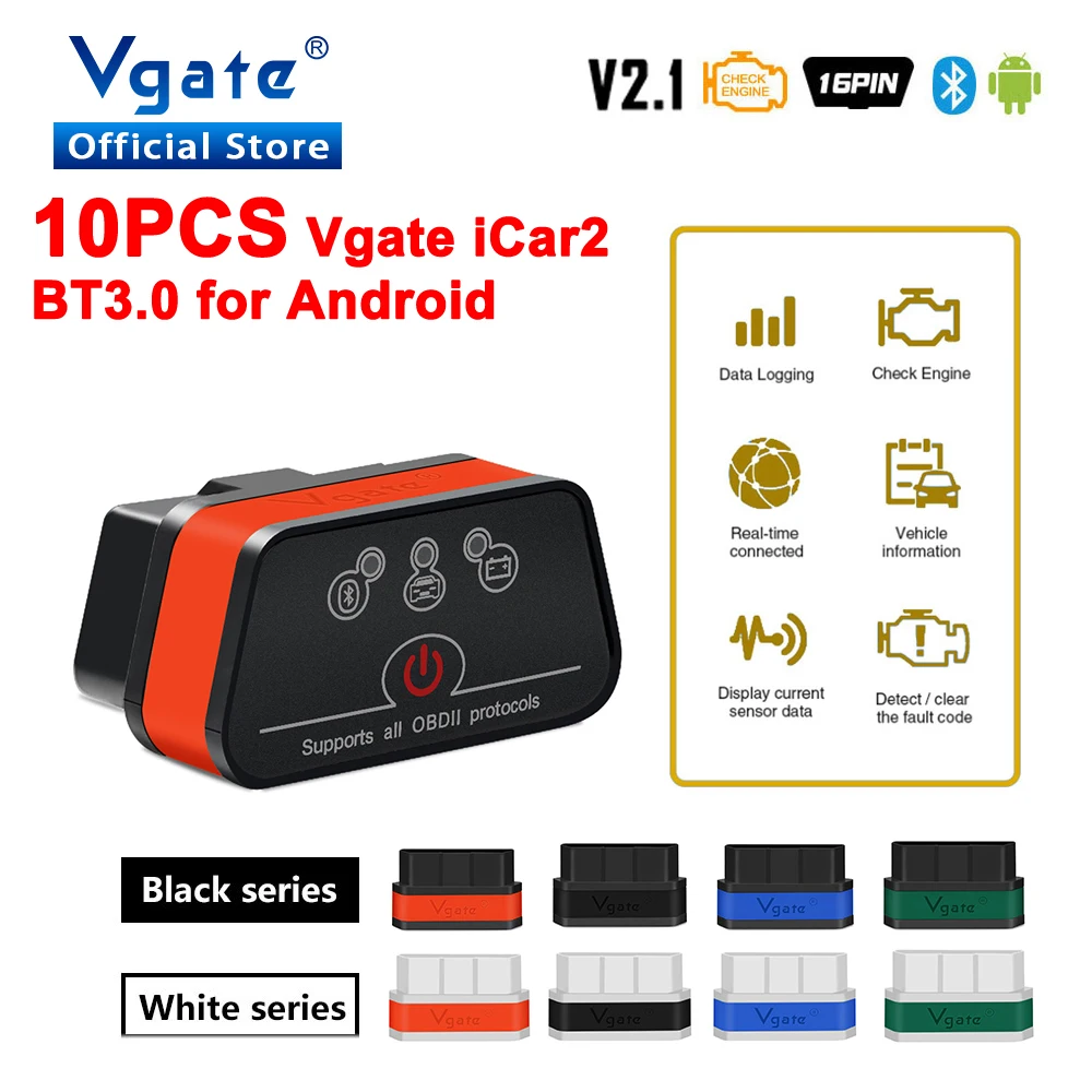 US $115.20 Free Shipping 10pcs Vgate ICar2 ELM327 Car Diagnostic OBD OBD2 For Android Scanner Auto Tool Bluetooth Elm 327 ODB2 Scan Adapter
