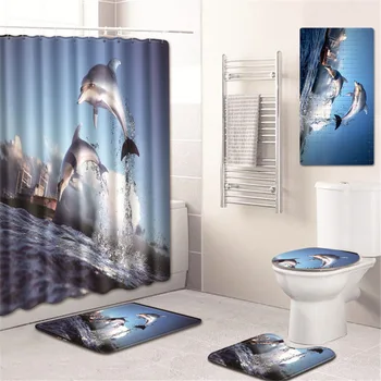 

T Dolphin Bath Mats Bathroom Shower Curtain Set PVC Bathtub Mat Anti Slip Carpet Bedroom 5pcs Bath Mat In Toilet Mat Seat Cover