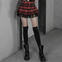 Панк RAVE Женская Панк плиссированная короткая юбка джинсовая прошитая тканая сетчатая кромка клетчатая повседневная короткая юбка