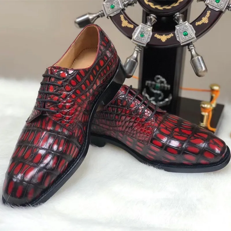 

Authentic Real True Crocodile Skin Hand Painted Burgundy Color Men's Wedding Dress Shoes Genuine Alligator Leather Male Oxfords