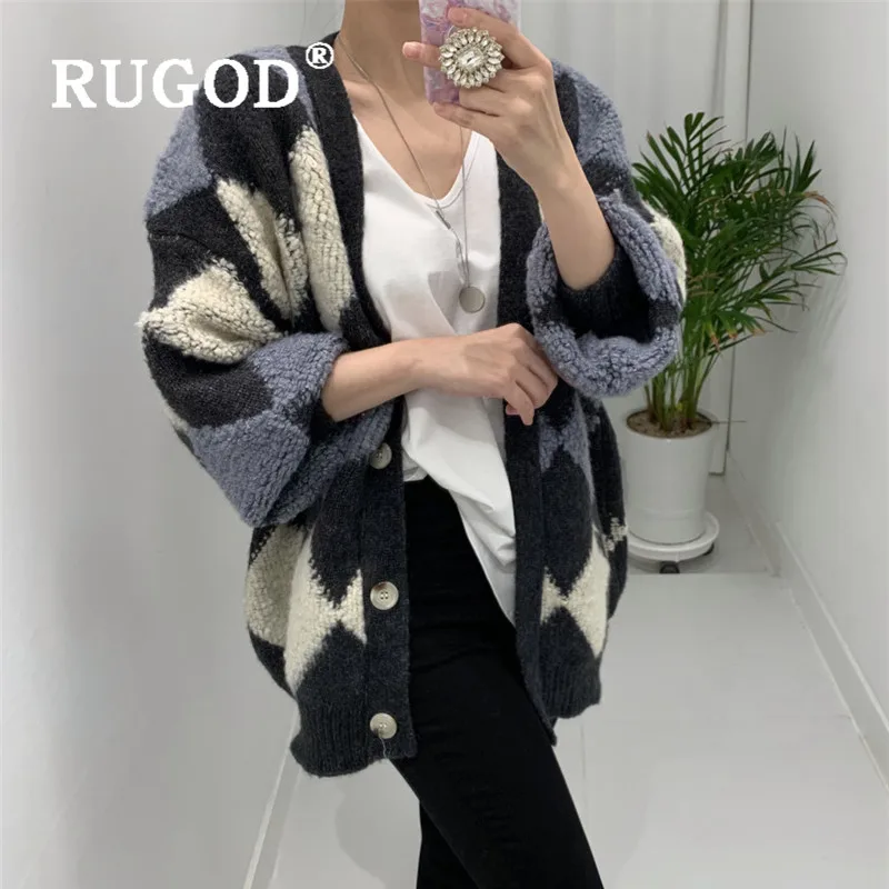 RUGOD винтажный свитер с узором диоманда, женский кардиган, зимние топы для женщин, пушистый трикотаж размера плюс, корейский стиль, мода