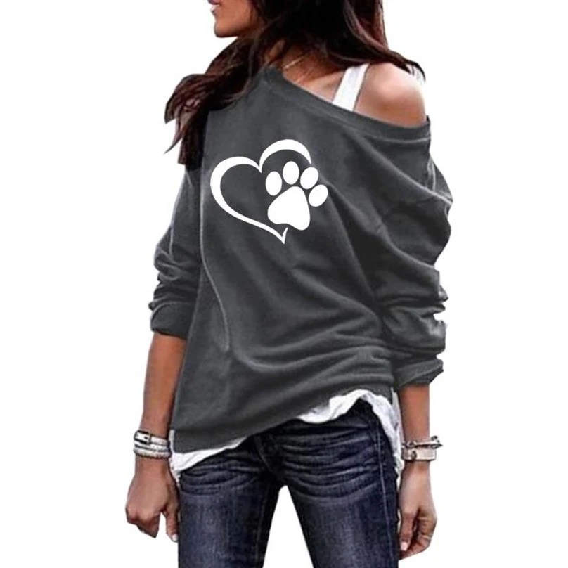  Hoodies For Women Round Neck Shoulder Hoodies DOG PAW Letters Print Sweatshirts Kawaii Women Tops F