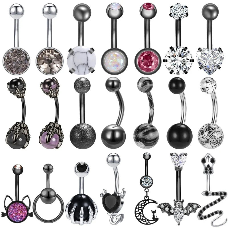 

AOEDEJ Black Plated Belly Button Ring Stainless Steel Navel Piercing Women Bat Cat Snake Navel Ring 14G Opal Crystal Belly Ring