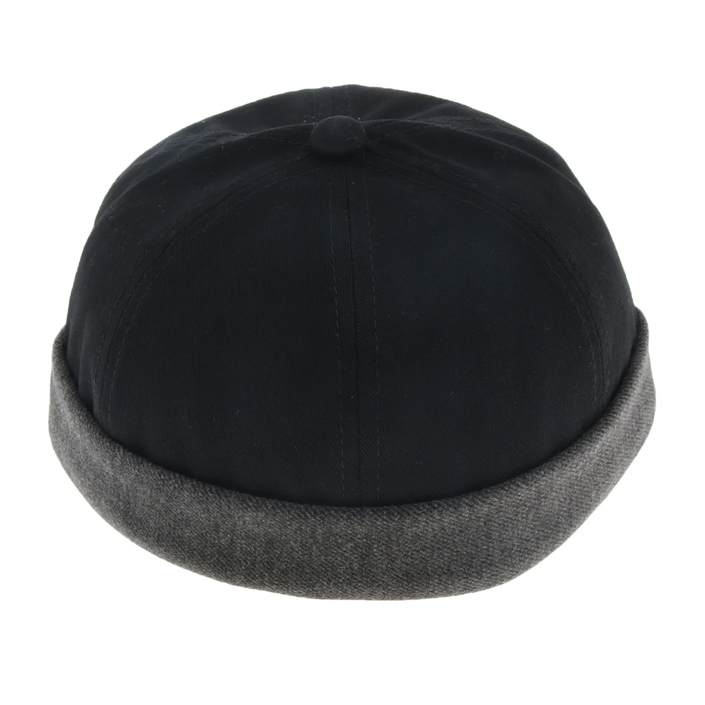 Черный Vintage Men Women Biker Skullcap Fisherman Sailor Navy Watch Cap Rolled Cuff Brimless Winter Beanie Hat - Цвет: Черный