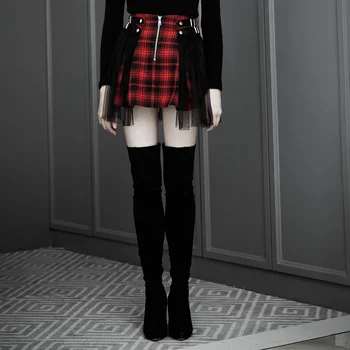 

PUNK RAVE Women's Punk Style Lattice Mesh Half Skirt with Belt Solar Pendulum Lattice Short Skirts