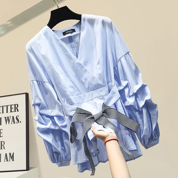 

Bow Slim-Fit Striped Shirt Women's Blouses and Tops 2020 Spring New Fashion Woman V Neck White Shirt Blouse Blusas Femme Top