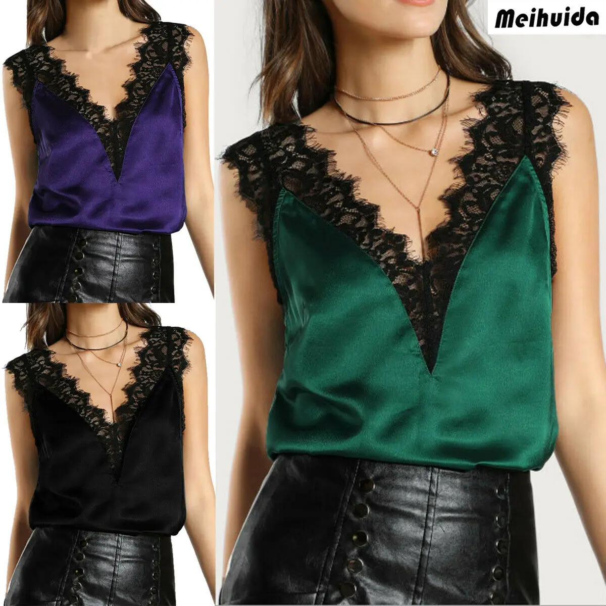 

Women's sexy lace patchwork Solid Deep V-neck Silk Sleeveless Sling Camis Summer Casual Loose Fashionable Tank Tops