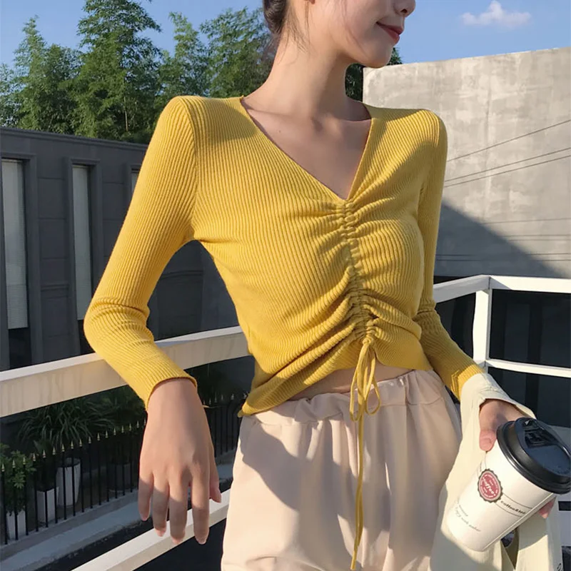 

TOPPICK 2019 Women Sexy V Neck Sweater Women's New Drawstring Tops Leak Clavicle Female Sets of Short Knit Bottoming Shirt