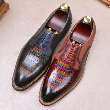 

Luxury Alligator Pattern Man Formal Dress Shoes Genuine Leather Wedding Party Oxfords Pointed Toe Laces Men's Welted Flats SS564