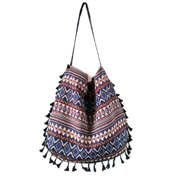 

AUAU-New Vintage Bohemian Fringe Shoulder Bag Tassel Hippie Gypsy Ethnic Handbags Open Cotton & Linen Bags