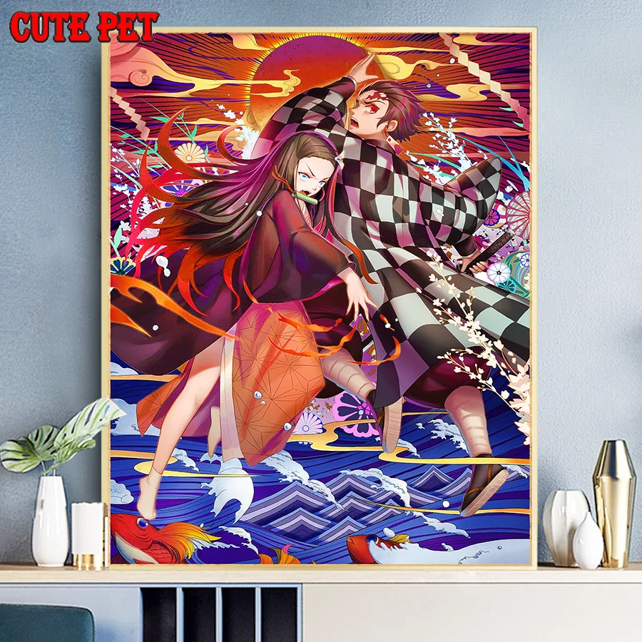 Anime demônio slayer kits de pintura diamante kimetsu não yaiba tanjiro  desenhos animados japoneses mosaico ponto cruz handwork presente decoração  da parede