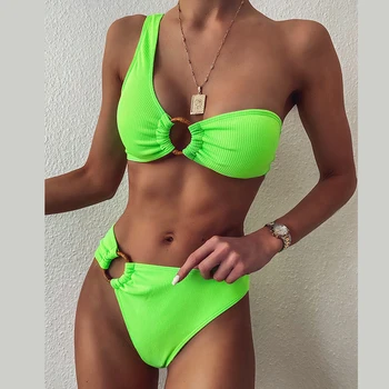 

One shoulder neon green bikini 2020 new Ring sexy women swimwear beachwear Push up high cut swimsuit female bathing suit bathers