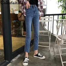 Colorfaith Новинка женские джинсы Уличная прямая длина по щиколотку Сплит синий корейский Стиль Высокая талия брюки джинсы J347