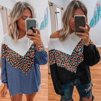 

European and American ular Print Splicing Leopard Sweater Long Sleeve Top Woman Knitwear