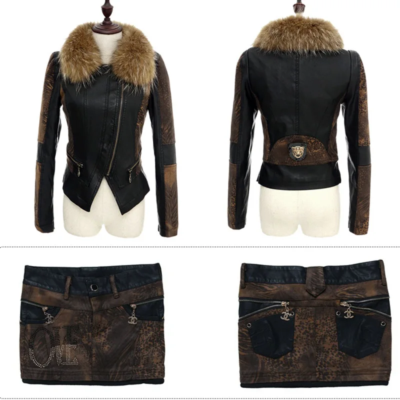 

2018 Autumn And Winter New Style Slim Fit Sexy Leopord Pattern Skirt plus Cotton Suede Pu Cropped Jacket Fashionable WOMEN'S Sui
