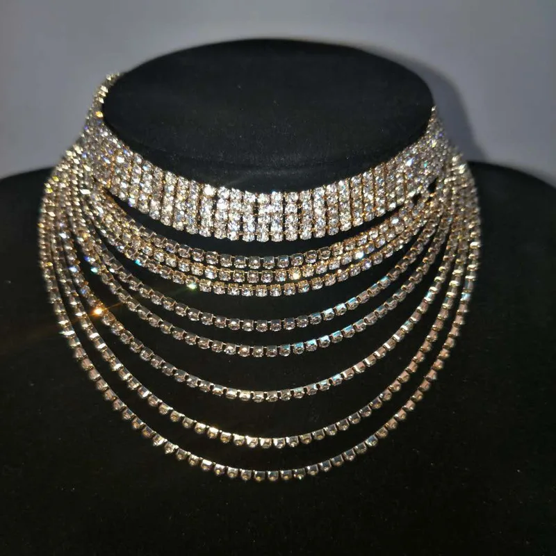 Egril Multi-layers Glitter Rhinestone Hanging Tennis Choker Trendy Sparkle Necklace Women Exaggerated Jewelry Girl Gift |
