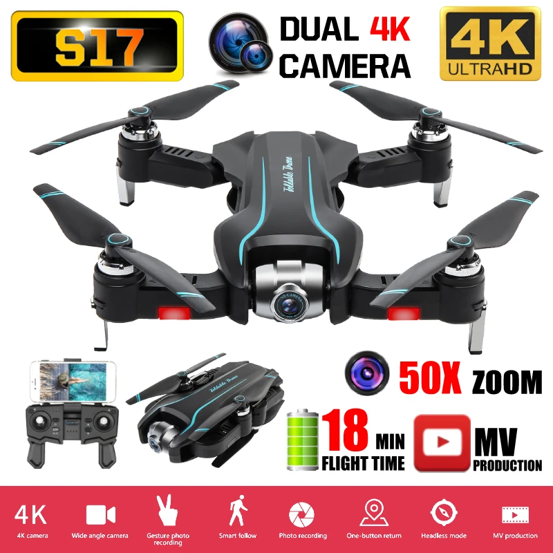 Радиоуправляемый квадрокоптер S17 Дрон 4K HD ESC 50X зум широкоугольный двойная камера wifi FPV складной оптический поток селфи дроны профессиональный
