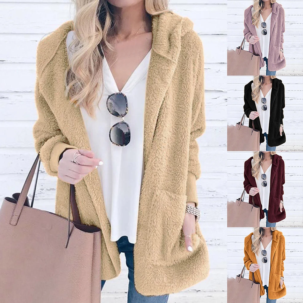Women Autumn Winter Jacket Coat Hood Luxury Fleece Jacket Fluffy Jackets Overcoat Casual  Plus Size Outwear 822