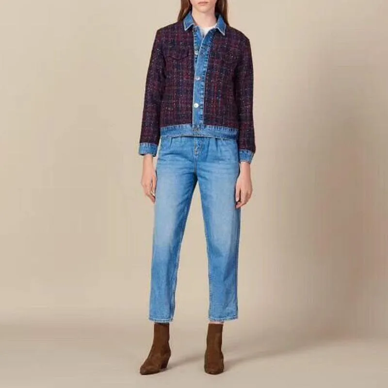 

2019 Autumn/Winter New Tweed Stitching Denim Women's Cotton Winter Coat Women