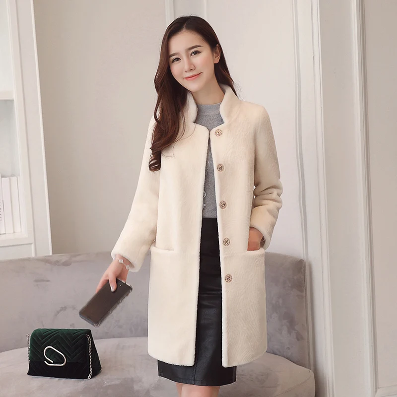 

Real Fur Shearing 100% Wool Jacket Korean Autumn Winter Long Coat Elegant Coats and Jackets Women Clothes A577 KJ4067