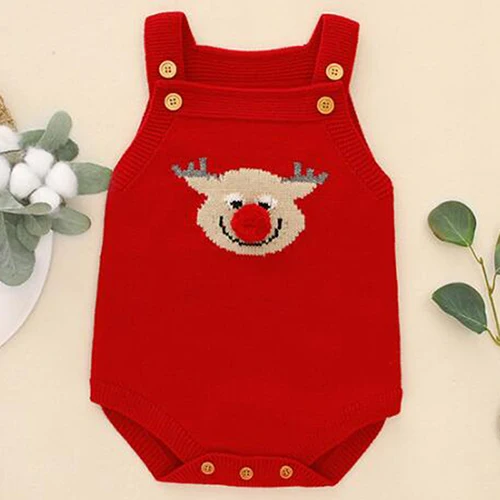 Christmas Toddler Baby Boy Cartoon Elk Jumpsuit Newborn Girl Clothes Long Sleeve Knitted Autumn Winter Warm Jumpsuit Clothes - Цвет: Красный