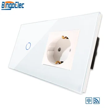 

Bingoelce 1 Gang 1 Way Dimmer Wireless Remote RF433.92 MHZ Control Touch Switch With 16A Germany Socket Crystal Glass Panel