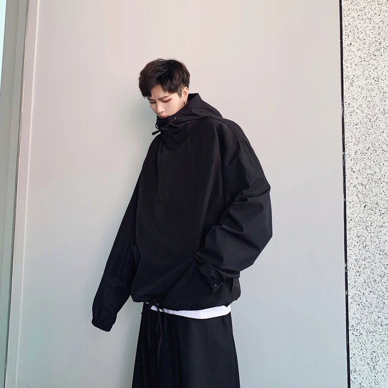Мужской японский уличная хип хоп Готический бомбер пальто Верхняя одежда для мужчин Свободный Повседневный шнурок черный пуловер с капюшоном куртка