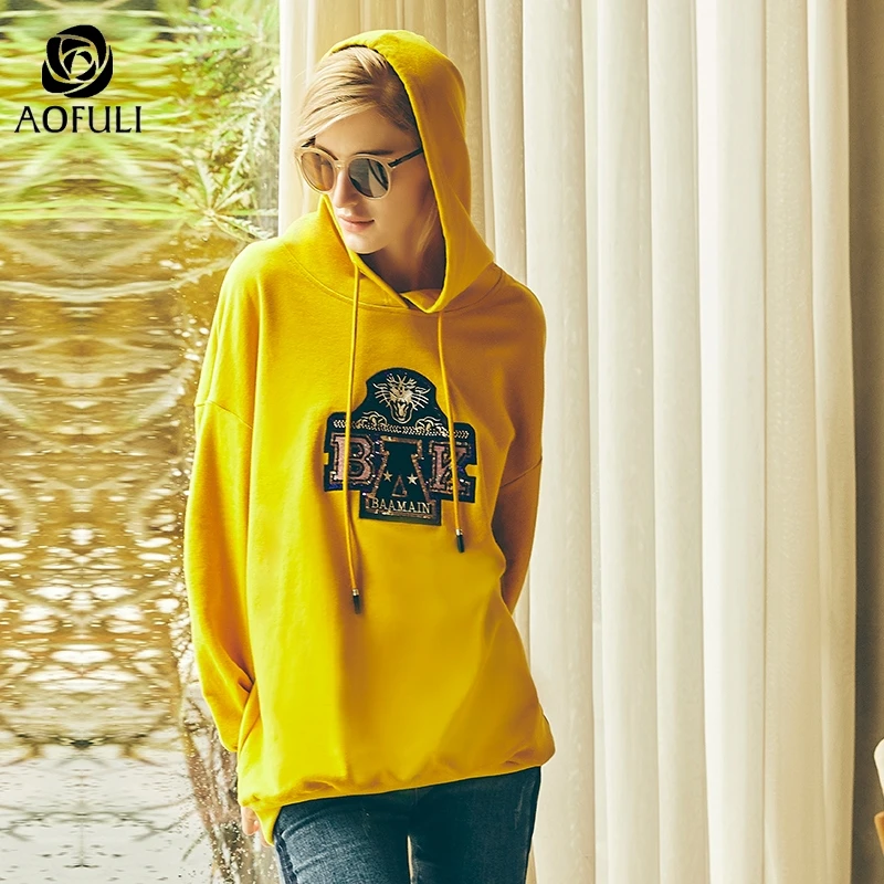AOFULI L~ 5XL кофта с капюшоном с пайетками Женская толстовка; осень зима уличная одежда большого размера летучая мышь длинный рукав желтый пуловер Топы A4069