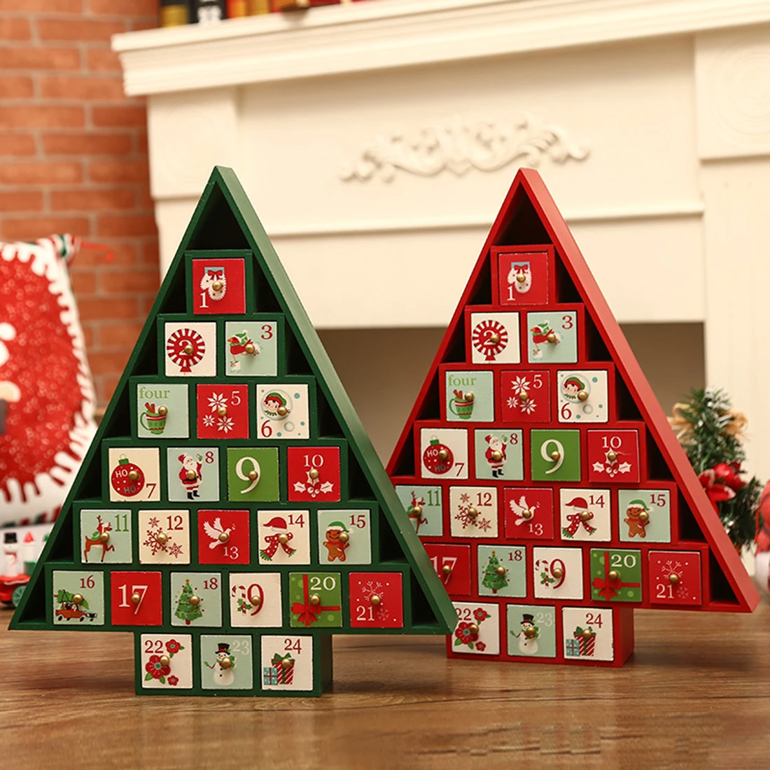

Christmas Advent Countdown Calendar Wooden Cabinet with Date Drawer Calendar Storage Box - Triangle Tree Green