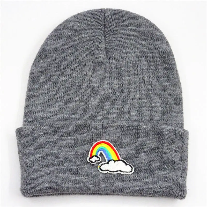 Серый LDSLYJR Cotton rainbow embroidery Thicken knitted hat winter warm hat Skullies cap beanie hat for men and women 281 - Цвет: Серый
