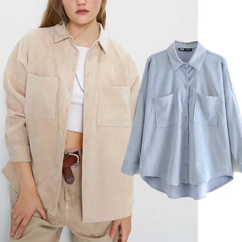 

NoEnName_Null England Preppy Oversize Corduroy Boyfriend Shirt Women Blusas Mujer De Moda2020 Womens Tops and Blouse Plus Size