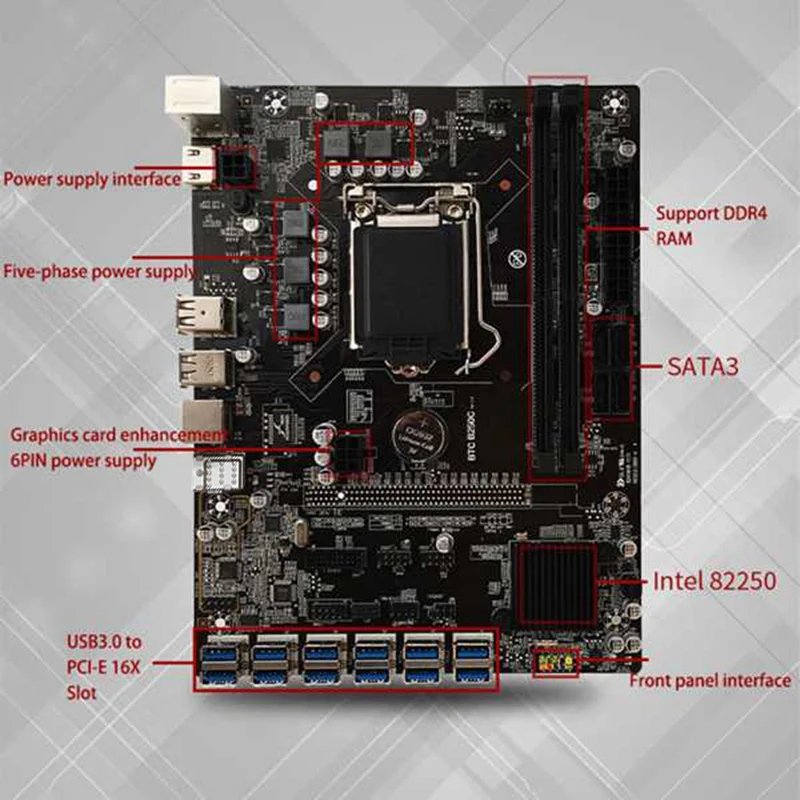 B250C BTC Mining Motherboard with SATA Cable+ Switch Cable 12XPCIE to USB3.0 GPU Slot LGA1151 Support DDR4 DIMM RAM cheap pc motherboard