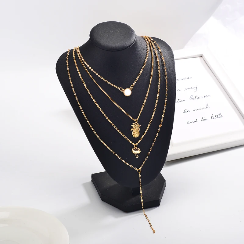 Simple Fruits Pineapple Coconut Tree Beads Tassel Four Layers Chain Golden Alloy Choker Necklace for Women | Украшения и