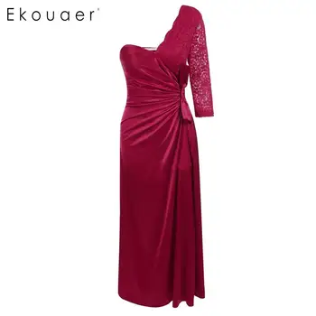 

Ekiouaer Long Party Dress Vintage Style Women One Shoulder Lace Patchwork Maxi Ruched Dress Sexy Satin Full Length Dresses