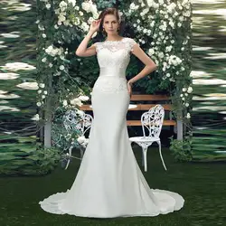 Tanpell Элегантное свадебное платье с вырезом лодочкой с цельнокроеным коротким рукавом с аппликацией с пуговицами, с кружевами, со шлейфом, в
