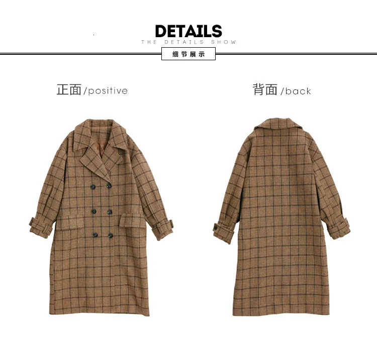 Vintage Plaids Clothes Loose Woollen Coat Women's New Checked Coat Baggy Silhouette Overcoat Tweeds Winter female Outerwear