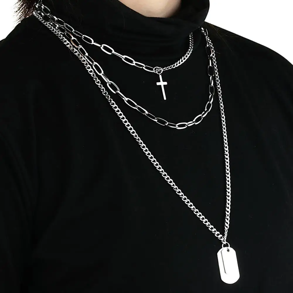 Многослойное ожерелье с подвеской крестом из нержавеющей стали квадратное