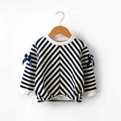 navy blue Свитшоты для маленьких девочек 1-7 лет; бархатная одежда в полоску для детей; осенние пуловеры с бантом; детская одежда; футболки - Цвет: navy blue