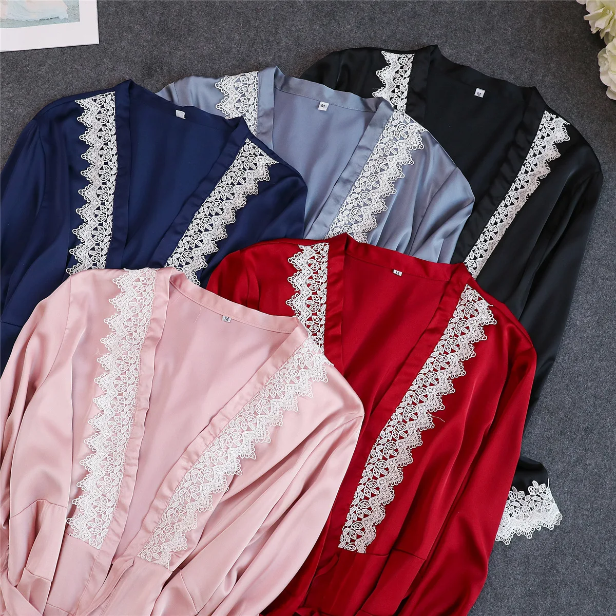 Темно-синие женские 4 шт ремень Топ Брюки Костюм Пижама комплекты одежды для сна Ночное белье соблазнительное кимоно халат Bathrobe